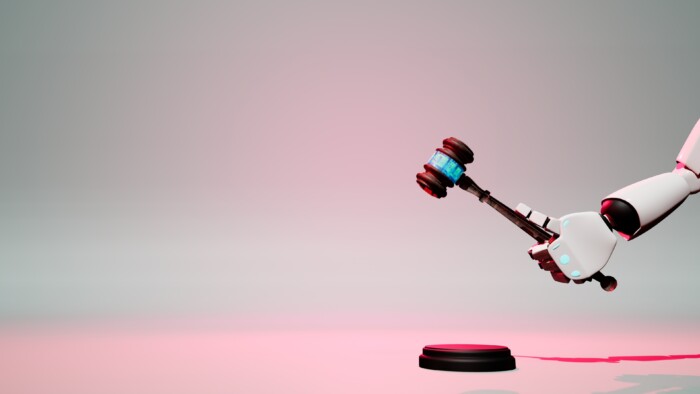 3d Illustration Of A Judicial Hammer Held By The Hand Of An Artificial Intelligence Robot. Question Is, Is It A Good Or Wrong Idea. A New System Of Assessing Justice